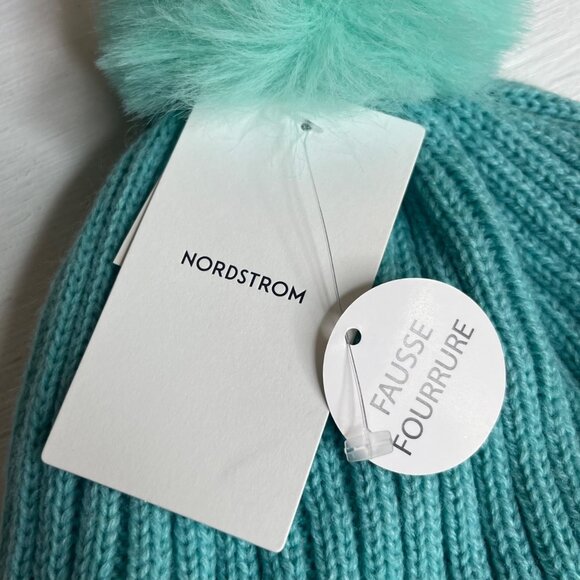 Nordstrom Green Pastel Faux Fur Beanie Hat Pom-Pom Knit Size OS New - Picture 7 of 8